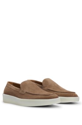 Shop Hugo Boss Suede Slip-on Loafers With Embossed Logo In Beige