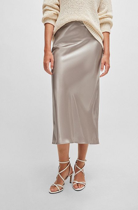 Liquid-fabric maxi skirt with diagonal seam detail, Light Beige