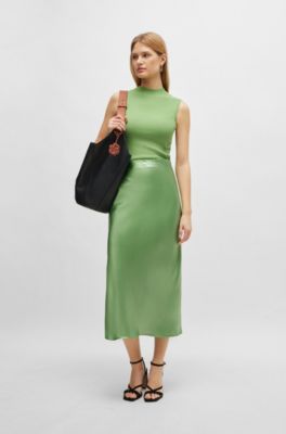 Liquid-fabric maxi skirt with diagonal seam detail, Light Green