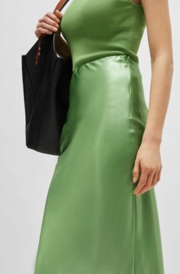 Liquid-fabric maxi skirt with diagonal seam detail, Light Green