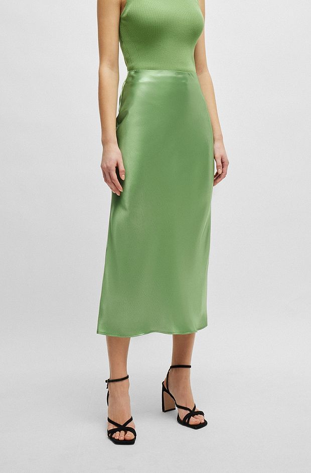 Liquid-fabric maxi skirt with diagonal seam detail, Light Green