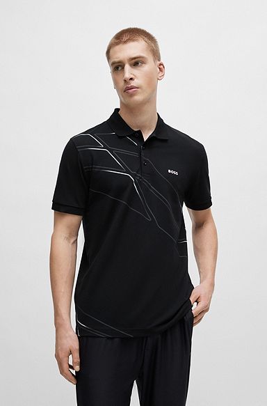 Active-stretch polo shirt with seasonal artwork, Black