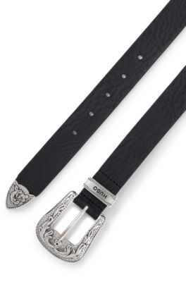 Italian-leather belt with ornate buckle, keeper and tip, Black