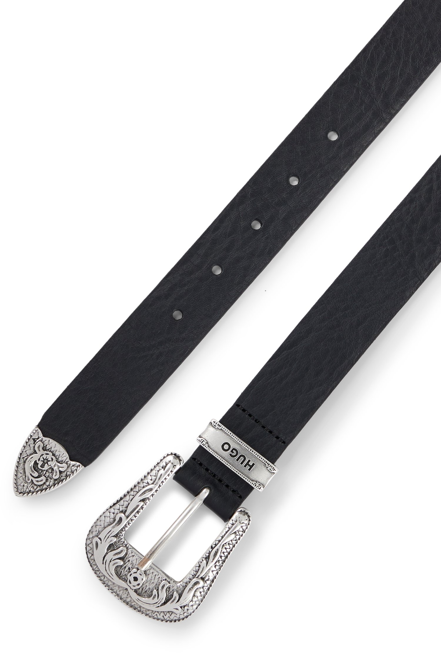 Cinturón de piel italiana con hebilla, trabilla y punta ornamentadas