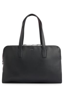 Shop Hugo Boss Zipped Holdall In Grained Leather With Logo Lettering In Black