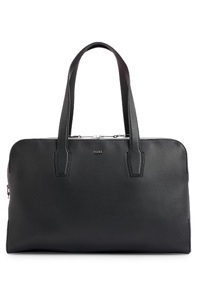 Zipped holdall in grained leather with logo lettering, Black