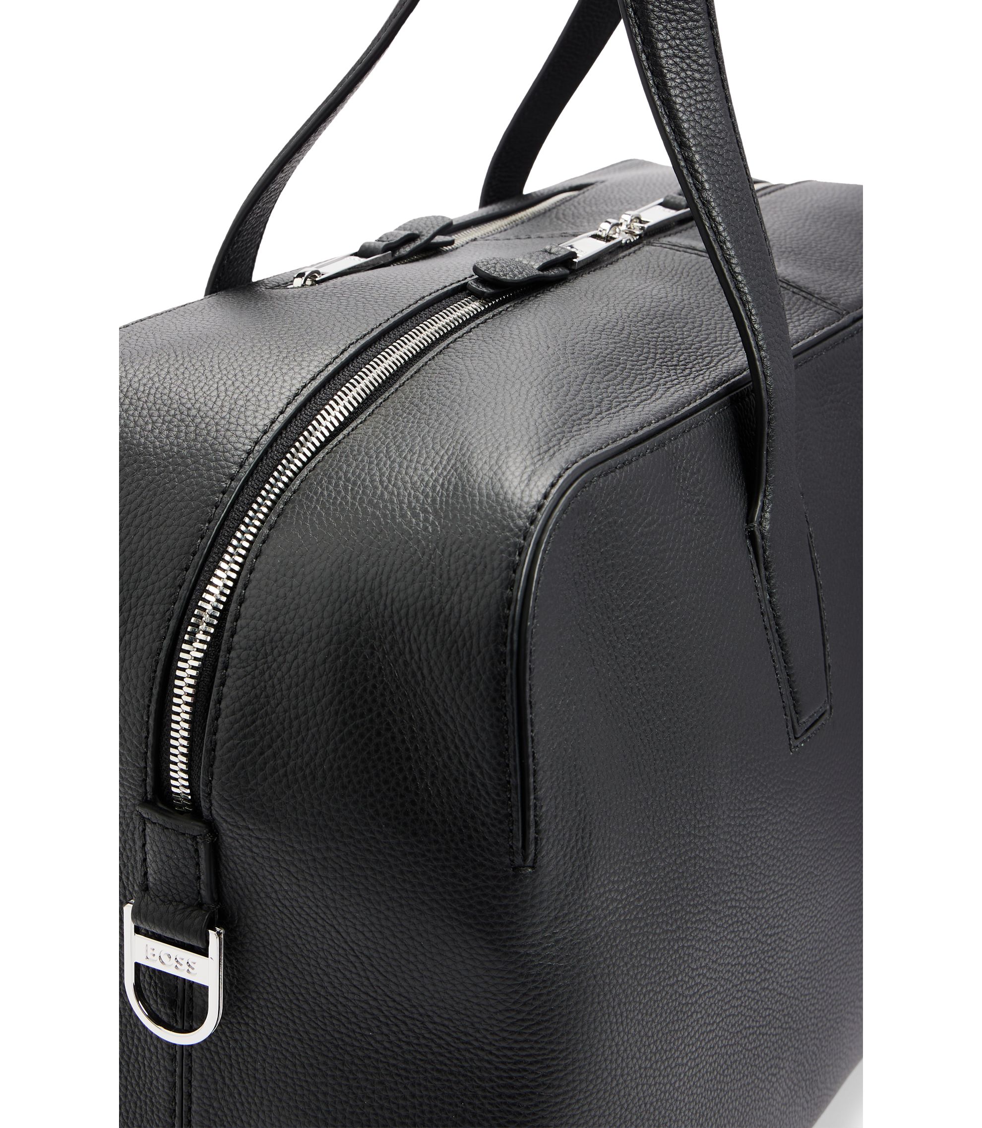 BOSS - Zipped holdall in grained leather with logo lettering - Black