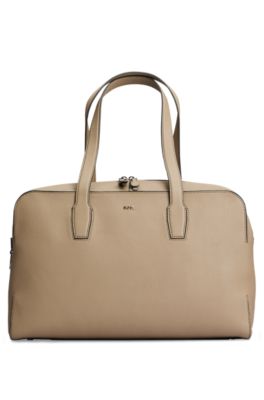 Hugo Boss Zipped Holdall In Grained Leather With Logo Lettering In Neutral
