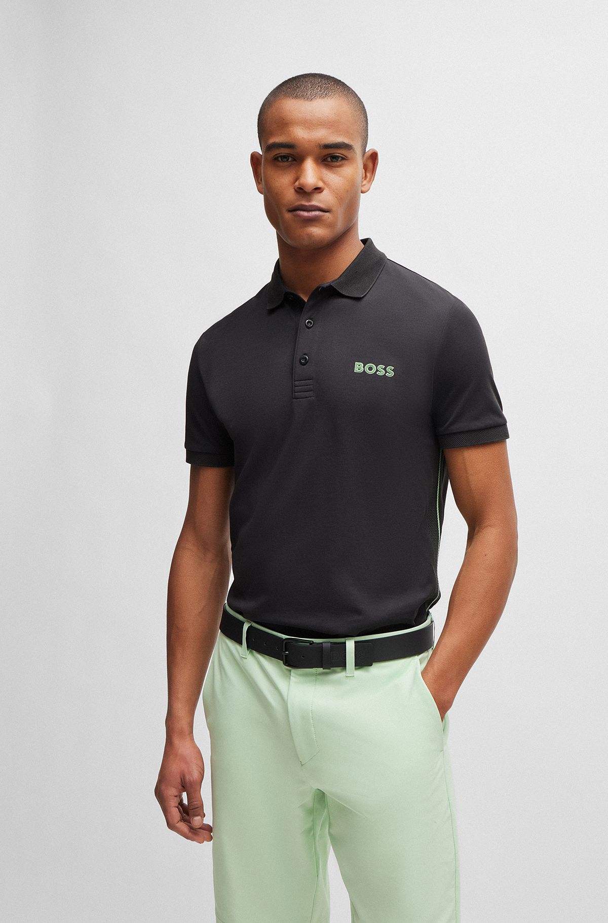 Slim-fit polo shirt with mesh logo, Dark Grey