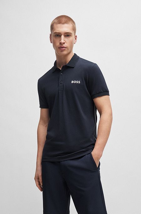 Slim-fit polo shirt with mesh logo, Dark Blue