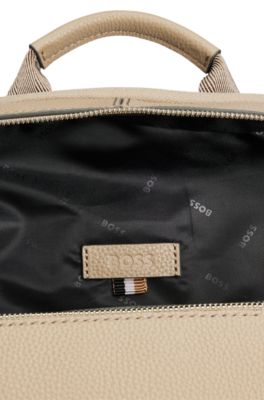 Grained-leather backpack with logo lettering, Light Beige