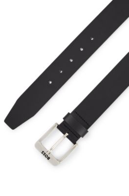 Ceinture en cuir de buffle avec boucle logo et garniture argent&eacute;e, Noir