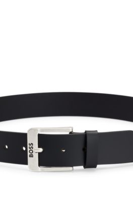 Ceinture en cuir de buffle avec boucle logo et garniture argent&eacute;e, Noir