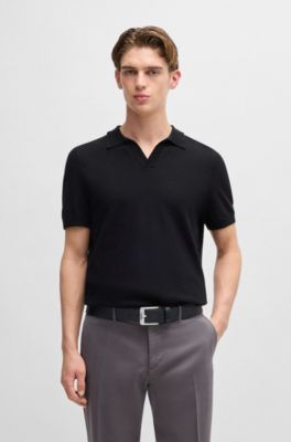 Ceinture en cuir de buffle avec boucle logo et garniture argent&eacute;e, Noir