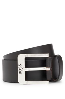Hugo Boss Buffalo-leather Belt With Logo Buckle In Silver Hardware In Dark Brown