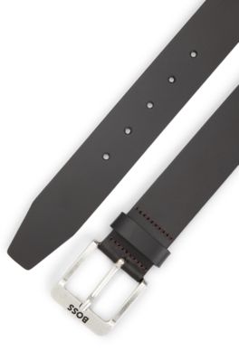 Ceinture en cuir de buffle avec boucle logo et garniture argent&eacute;e, Marron fonc&eacute;