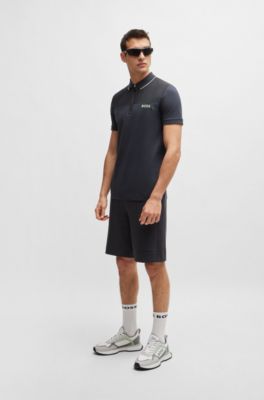 Polo slim fit con cuello con cremallera y detalles de malla, Gris oscuro