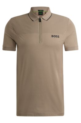 Shop Hugo Boss Zip-neck Slim-fit Polo Shirt With Mesh Details In Light Green