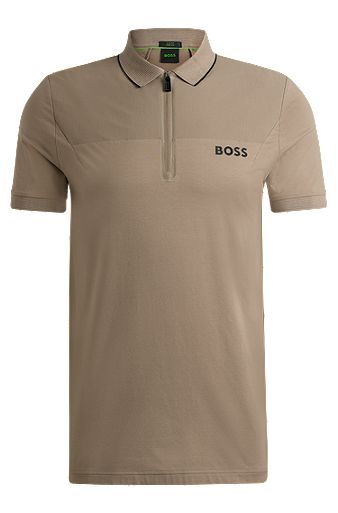Zip-neck slim-fit polo shirt with mesh details, Light Green