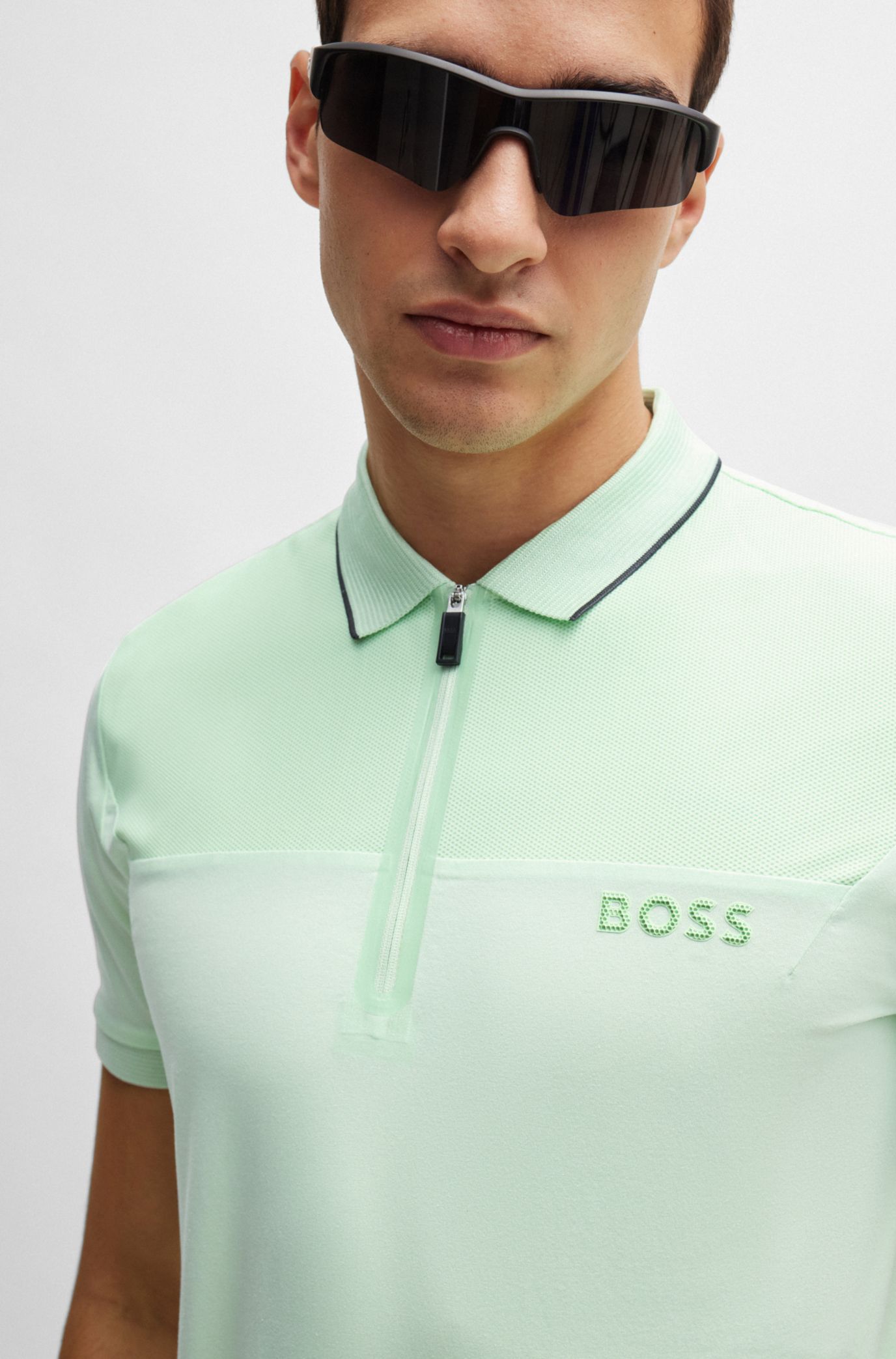 BOSS - Zip-neck slim-fit polo shirt with mesh details