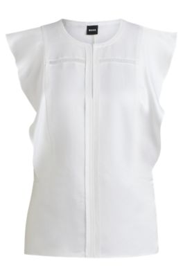 Shop Hugo Boss Flutter-sleeve Blouse With Ladder-lace Trim In White