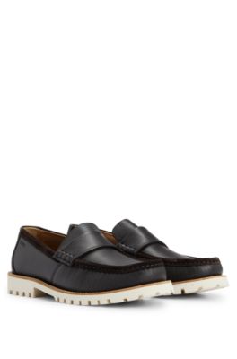 Hugo Boss Slip-on Moccasins In Grained Leather And Suede In Dark Brown