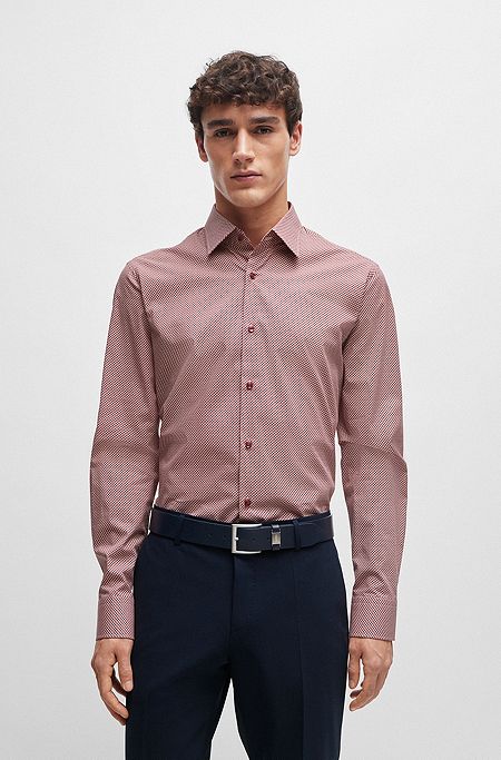 Regular-fit shirt in geometric-printed stretch-cotton poplin, light pink
