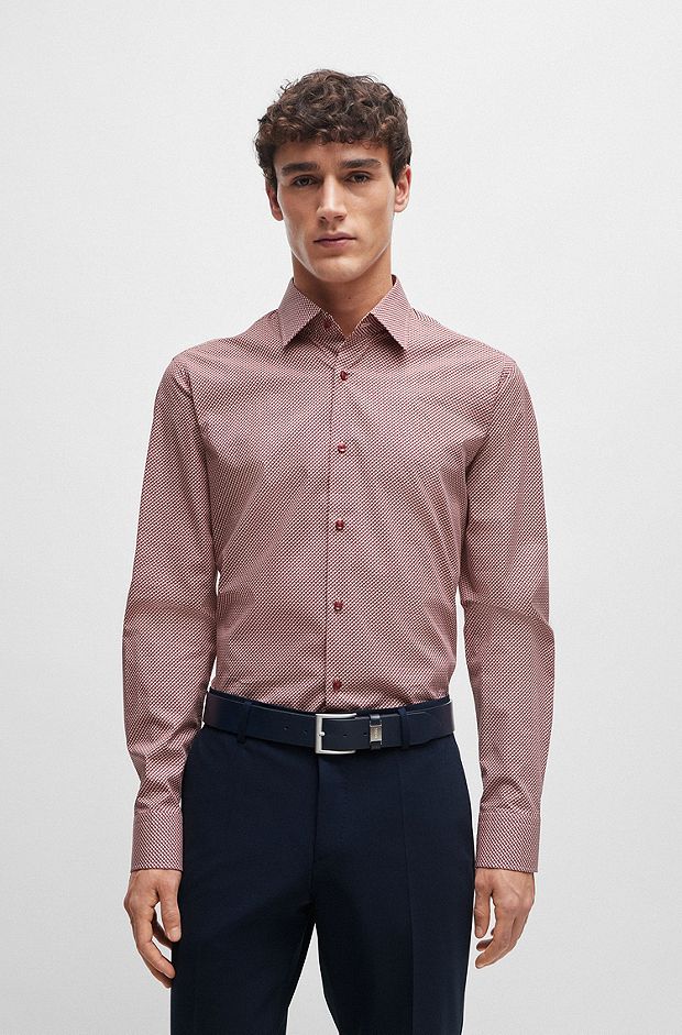 Regular-fit shirt in geometric-printed stretch-cotton poplin, light pink