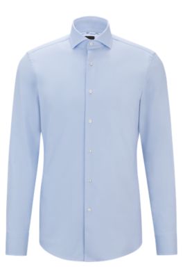 Slim-fit shirt in easy-iron structured stretch cotton, Light Blue