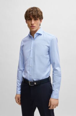 Slim-fit shirt in easy-iron structured stretch cotton, Light Blue