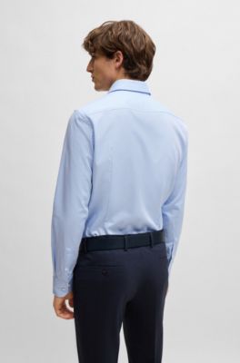 Slim-fit shirt in easy-iron structured stretch cotton, Light Blue