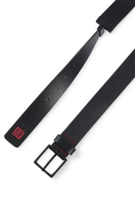 Reversible Italian-leather belt with stacked logo and flames, Black