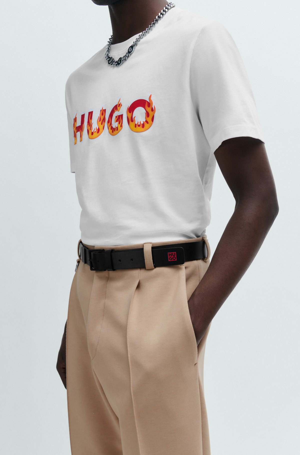 HUGO - Reversible Italian-leather belt with stacked logo and flames