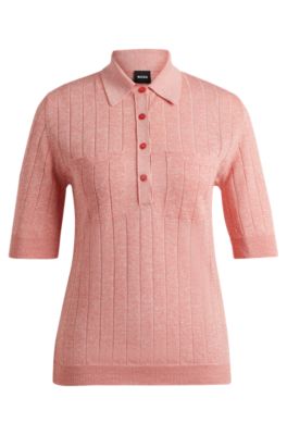 Hugo Boss Flicity Openwork Stripes Knit Polo Shirt In Pink