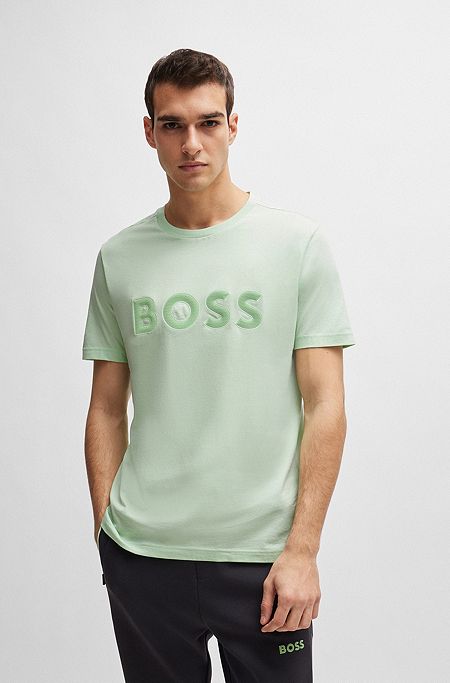 Cotton-jersey regular-fit T-shirt with mesh logo, Light Green