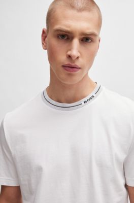 Camiseta regular fit de punto de algod&oacute;n con cuello de la marca, Blanco