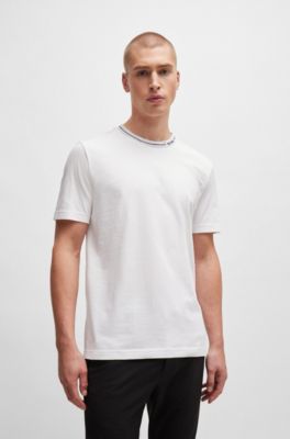 Camiseta regular fit de punto de algod&oacute;n con cuello de la marca, Blanco