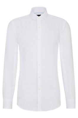 Camisa slim fit de lino con cuello italiano, Blanco