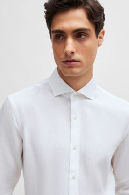 Camisa slim fit de lino con cuello italiano, Blanco