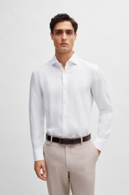 Camisa slim fit de lino con cuello italiano, Blanco