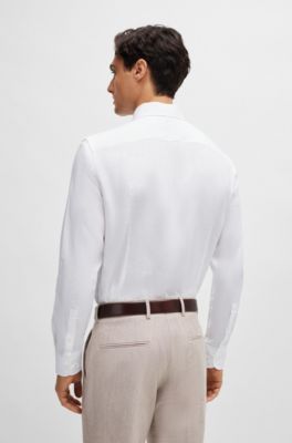 Camisa slim fit de lino con cuello italiano, Blanco