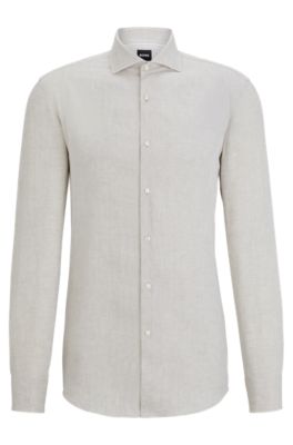 Shop Hugo Boss Slim-fit Shirt In Linen With Spread Collar In Khaki