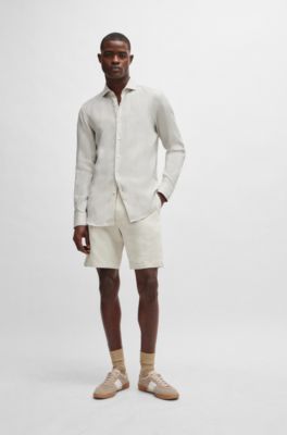 Camisa slim fit de lino con cuello italiano, Caqui