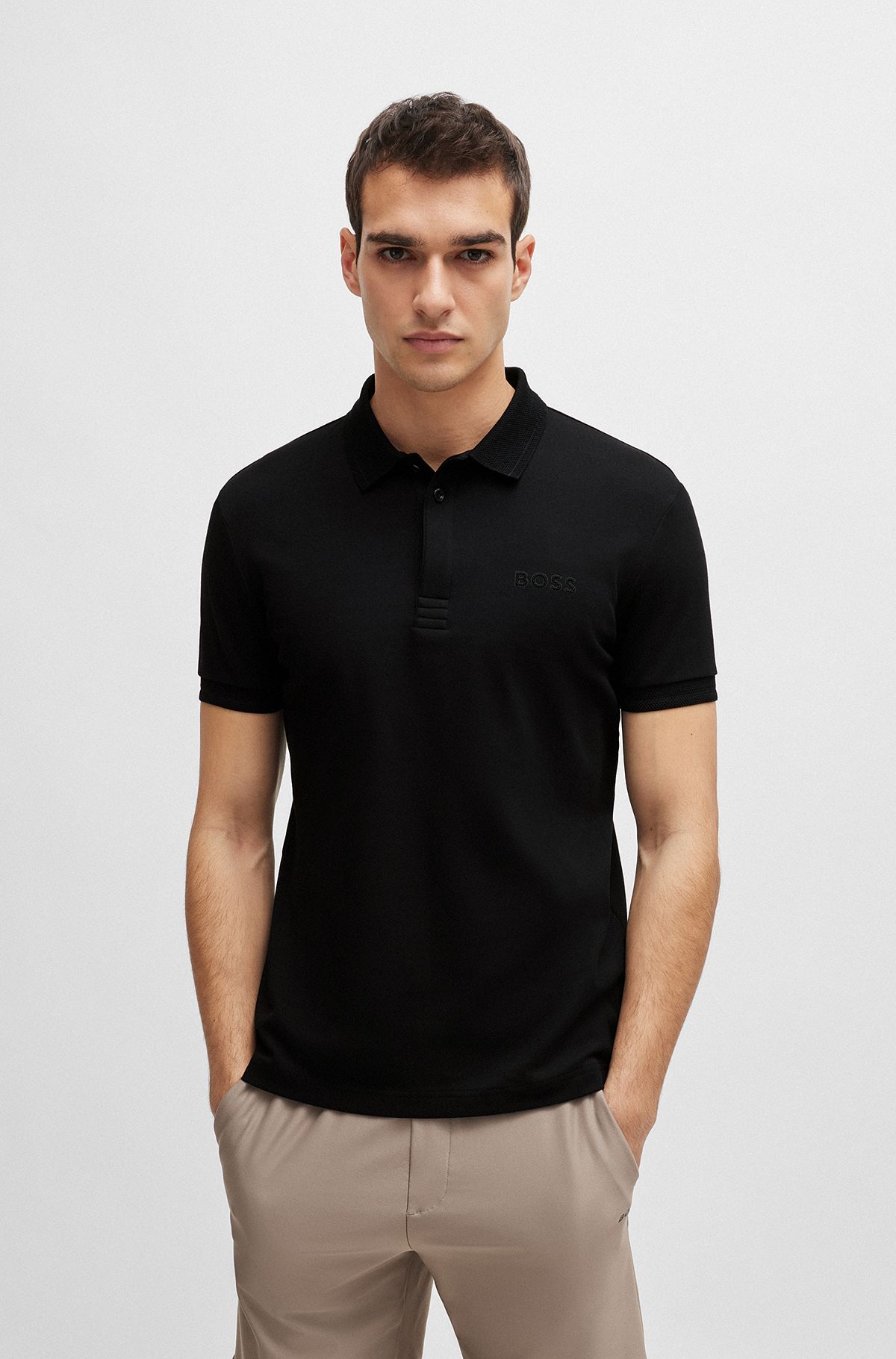 Interlock-cotton slim-fit polo shirt with mesh logo, Black