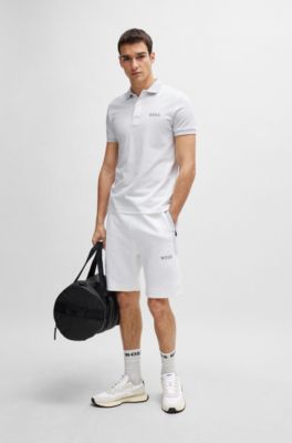 Polo slim fit de algod&oacute;n interlock con logo de malla, Blanco