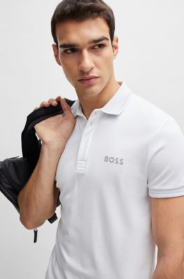 Polo slim fit de algod&oacute;n interlock con logo de malla, Blanco