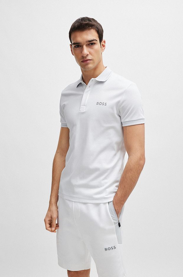 Interlock-cotton slim-fit polo shirt with mesh logo, White