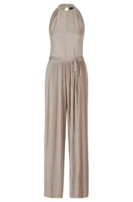 Sleeveless jumpsuit with pliss&eacute; pleats and tie belt, Light Beige