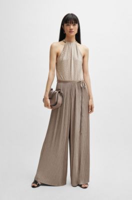 Sleeveless jumpsuit with pliss&eacute; pleats and tie belt, Light Beige