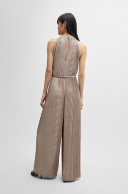 Sleeveless jumpsuit with pliss&eacute; pleats and tie belt, Light Beige